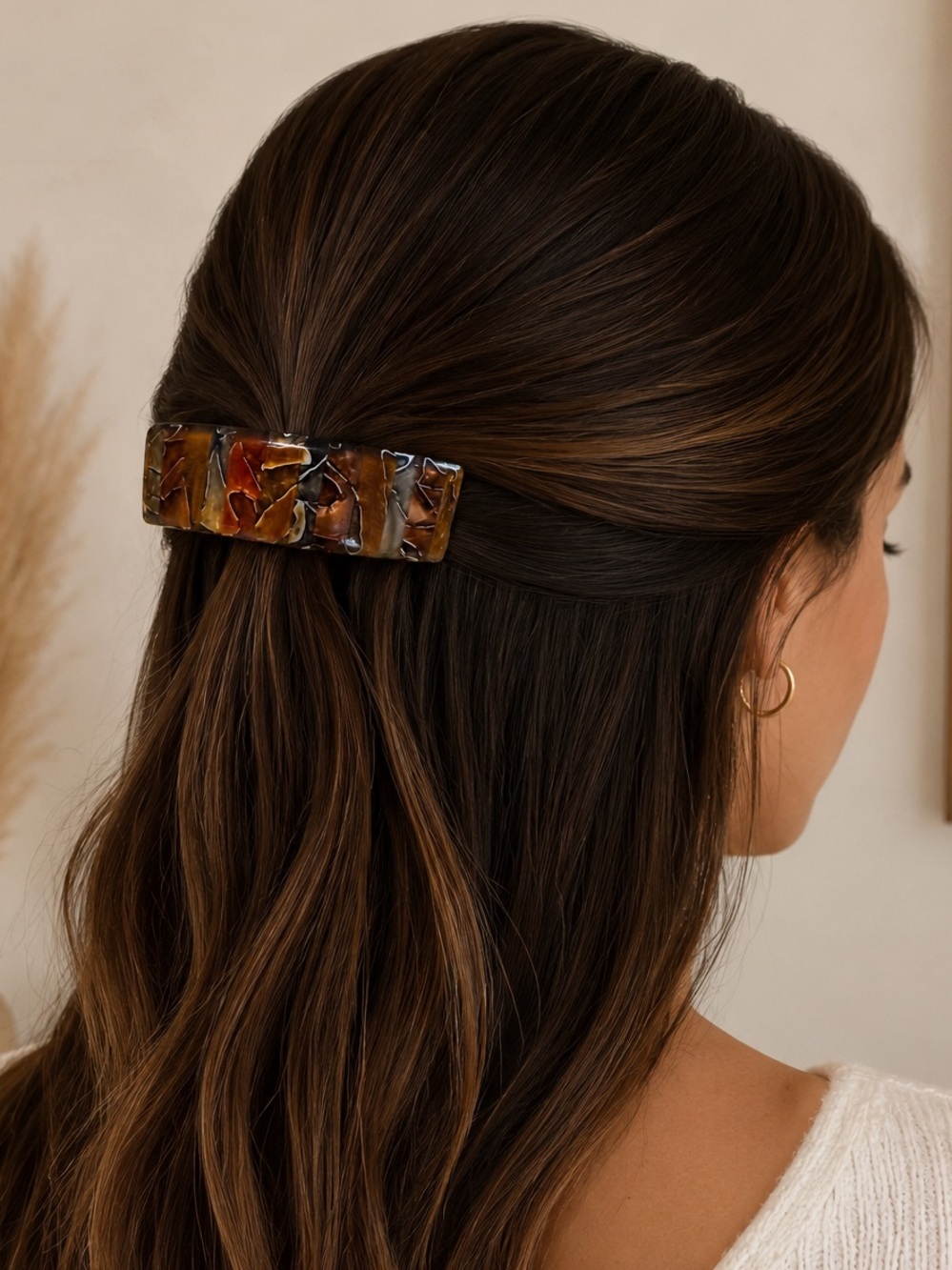 Tortoiseshell Resin Rectangular Hair Barrette - Brown Mix - Picture 2 of 7